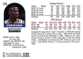 1992-93 Hoops Anthony Bonner #196 card back image