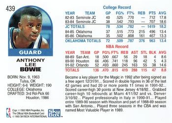 1992-93 Hoops Anthony Bowie #439 card back image