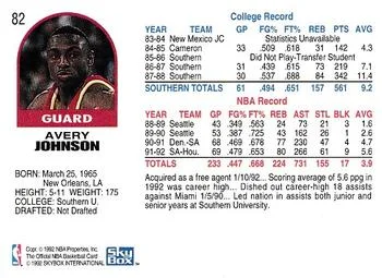 1992-93 Hoops Avery Johnson #82 card back image