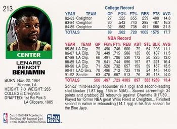 1992-93 Hoops Benoit Benjamin #213 card back image