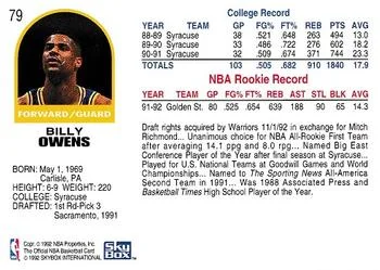 1992-93 Hoops Billy Owens #79 card back image