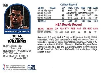1992-93 Hoops Brian Williams #168 card back image