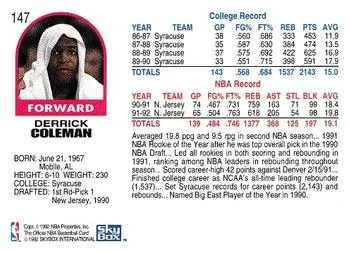 1992-93 Hoops Derrick Coleman #147 card back image