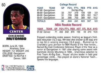 1992-93 Hoops Dikembe Mutombo #60 card back image