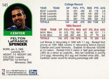 1992-93 Hoops Felton Spencer #141 card back image