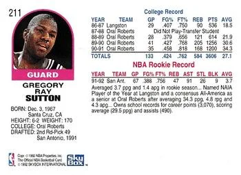 1992-93 Hoops Greg Sutton #211 card back image