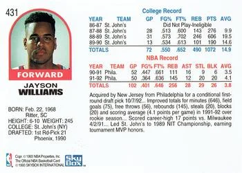 1992-93 Hoops Jayson Williams #431 card back image