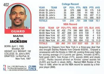 1992-93 Hoops Mark Jackson #402 card back image