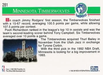 1992-93 Hoops Minnesota Timberwolves TC #281 card back image