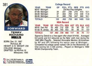 1992-93 Hoops Terry Mills #381 card back image