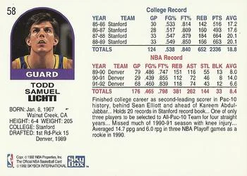 1992-93 Hoops Todd Lichti #58 card back image