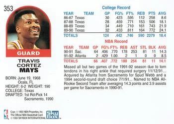 1992-93 Hoops Travis Mays #353 card back image