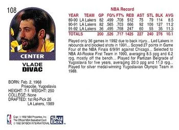 1992-93 Hoops Vlade Divac #108 card back image