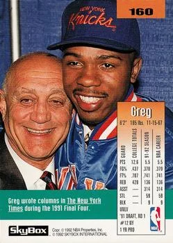 1992-93 SkyBox Greg Anthony #160 card back image