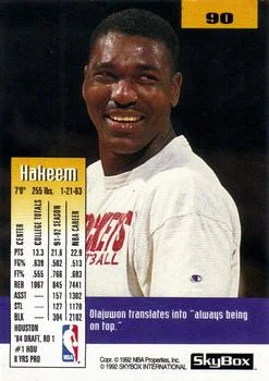 1992-93 SkyBox Hakeem Olajuwon #90 card back image