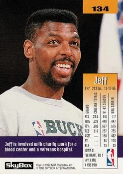 1992-93 SkyBox Jeff Grayer #134 card back image