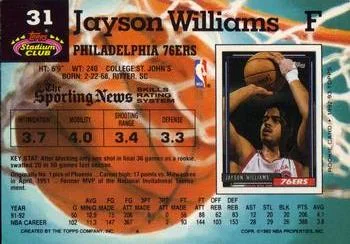 1992-93 Stadium Club Jayson Williams #31 card back image