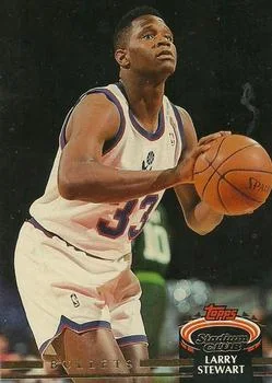 1992-93 Stadium Club Larry Stewart UERUER: The words key stat are repeated on back #394 card image