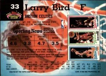 1992-93 Stadium Club Larry Bird Members Only #33 card back image