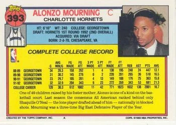 1992-93 Topps Alonzo Mourning Draft Picks #393 card back image