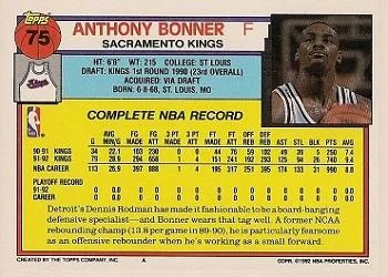 1992-93 Topps Anthony Bonner #75 card back image