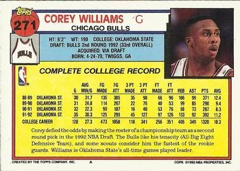 1992-93 Topps Corey Williams Draft Picks #271 card back image