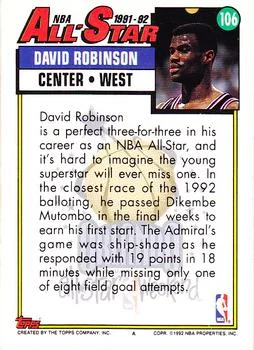 1992-93 Topps David Robinson #106 card back image