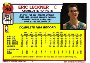 1992-93 Topps Eric Leckner #40 card back image