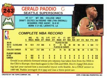 1992-93 Topps Gerald Paddio #243 card back image