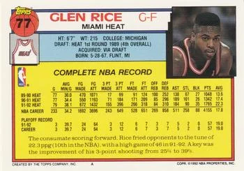 1992-93 Topps Glen Rice #77 card back image
