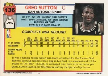 1992-93 Topps Greg Sutton #136 card back image