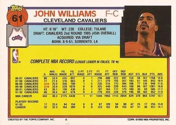1992-93 Topps John Williams #61 card back image