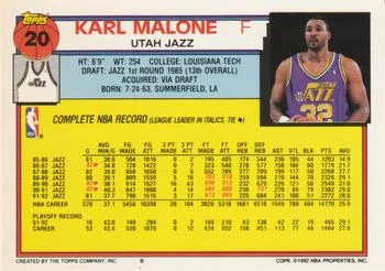 1992-93 Topps Karl Malone #20 card back image
