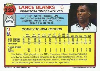 1992-93 Topps Lance Blanks #233 card back image
