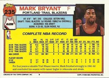 1992-93 Topps Mark Bryant #235 card back image