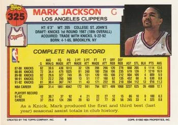 1992-93 Topps Mark Jackson #325 card back image