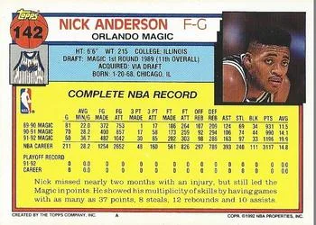 1992-93 Topps Nick Anderson #142 card back image