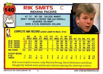 1992-93 Topps Rik Smits #140 card back image