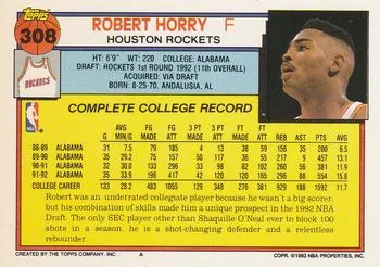 1992-93 Topps Robert Horry Draft Picks #308 card back image