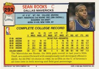 1992-93 Topps Sean Rooks Draft Picks #292 card back image