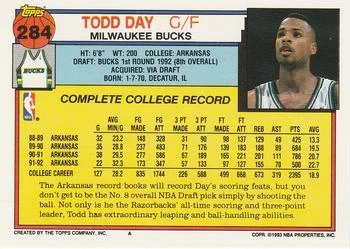 1992-93 Topps Todd Day Draft Picks #284 card back image