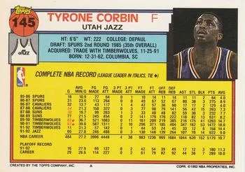 1992-93 Topps Tyrone Corbin #145 card back image