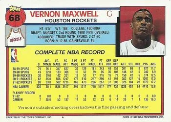 1992-93 Topps Vernon Maxwell #68 card back image