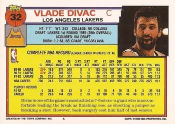 1992-93 Topps Vlade Divac #32 card back image