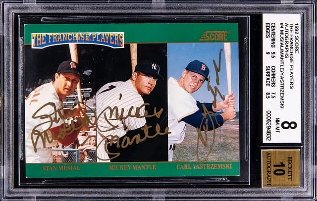 1992 Score Mickey Mantle/Stan Musial/Carl Yastrzemski Multi-Signed The Franchise Players Autographs #4 card image