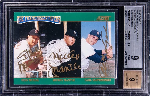 1992 Score Stan Musial/Mickey Mantle/Carl Yastrzemski Multi-Signed Franchise Autographs #4 card image