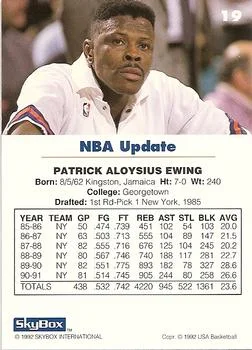 1992 SkyBox USA Patrick Ewing #19 card back image