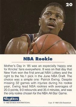 1992 SkyBox USA Patrick Ewing #20 card back image