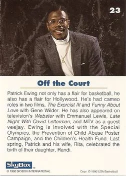 1992 SkyBox USA Patrick Ewing #23 card back image