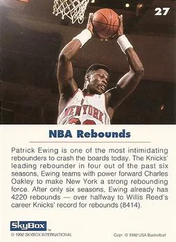 1992 SkyBox USA Patrick Ewing #27 card back image